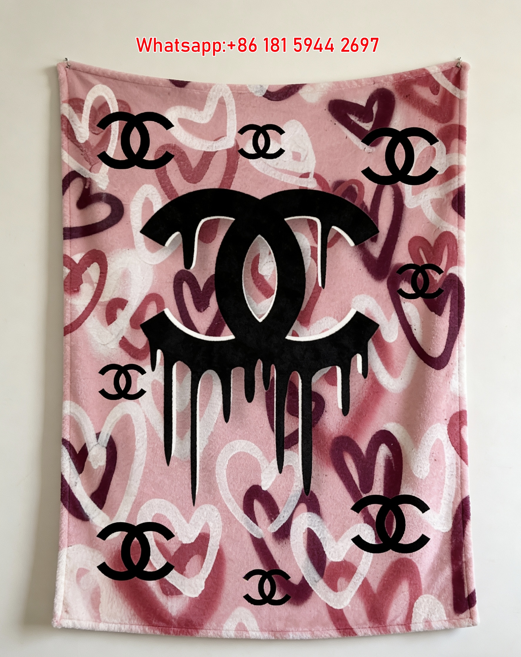 Chanel Dripping Logo Pink Heart Graffiti Flannel Throw Blanket IMG_7085